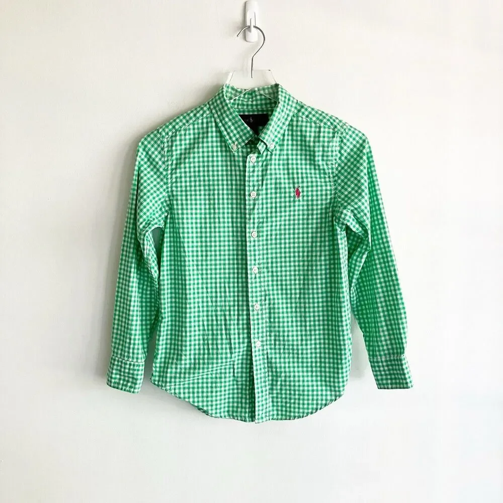 Ralph Lauren Gingham Shirt Boys Size 10-12 Green Button Down Long Sleeve Spring